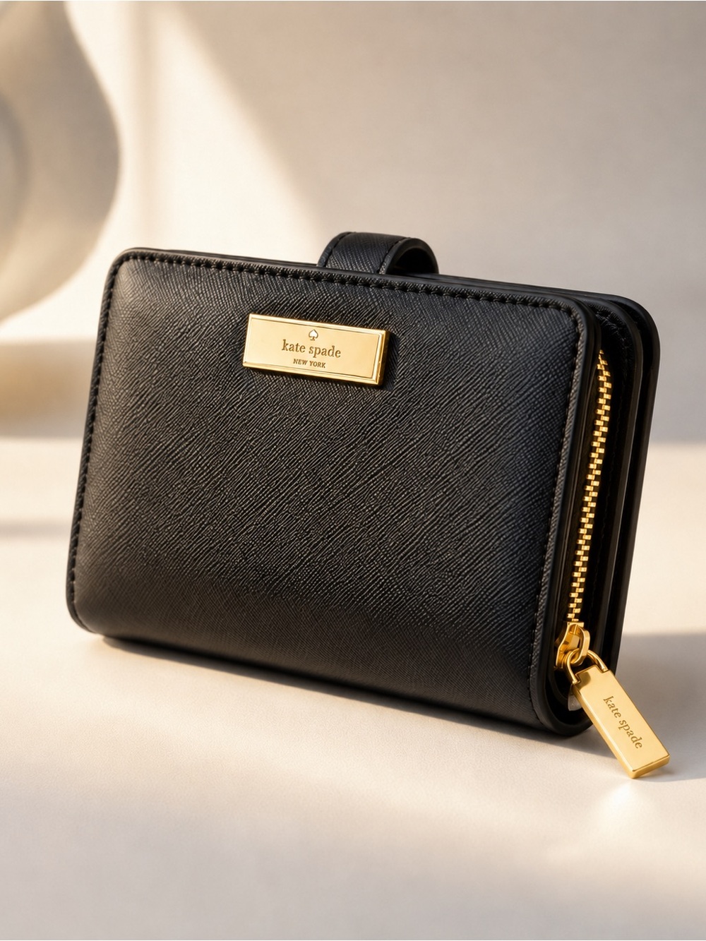Kate Spade Black Saffiano Leather Bifold Wallet Gold Hardware Zip Pocket Luxury